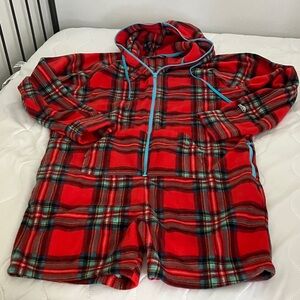 Chubbies Red and Blue Plaid Fleece Hooded Romper